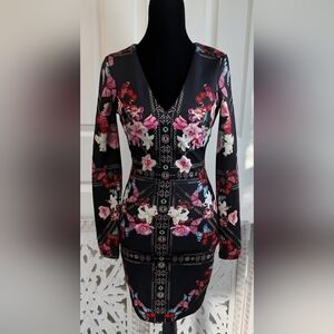 BEBE Black Floral Butterfly Printed Long Sleeve Stretch Dress. Women's Size XXS